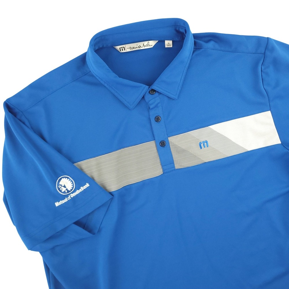 TravisMathew Polo Shirt Mens XL Blue Stripe Mutual Of Omaha Golf Performance Top